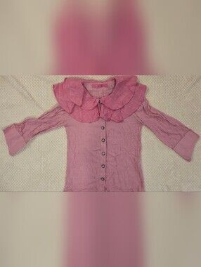 BURU XS Pink Stripe Statement Ruffle Collar Button Front Blouse Made USA